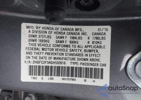 2016 Honda Civic Lx from USA, damaged, VIN 2HGFC2F54GH530916